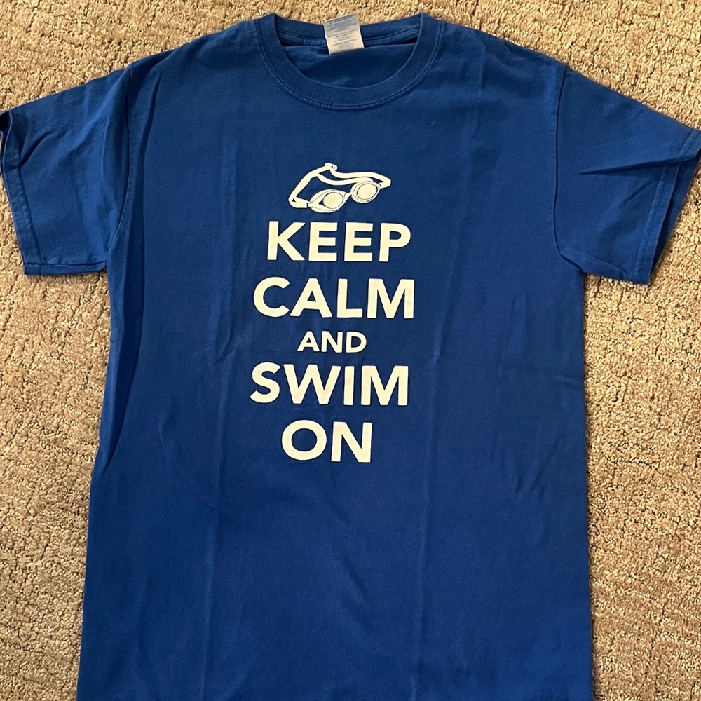 Keep Calm and Swim On Blue Graphic Tee